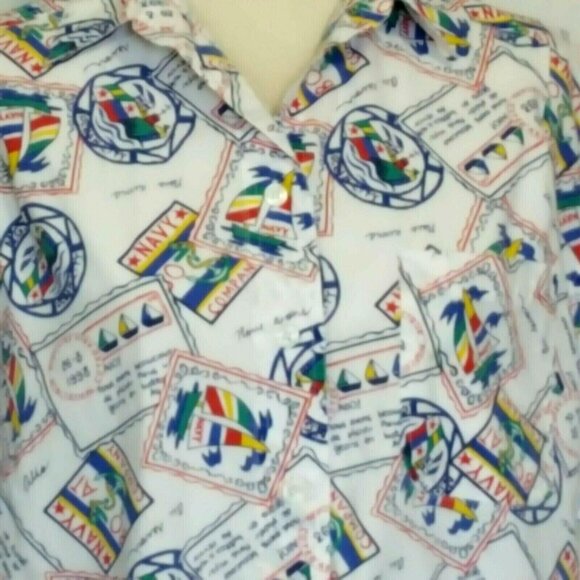 Huntington Ridge Vtg Women's Top L Nautical White Short Sleeve Boats Button Fron - Picture 2 of 10
